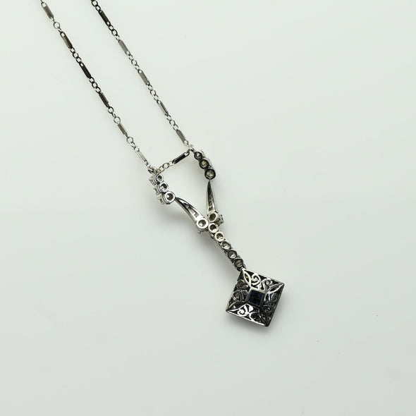 Art Deco Sapphire Square Diamond Halo Platinum Pendant Necklace
