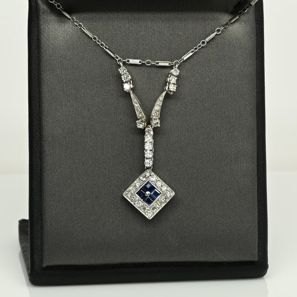 Art Deco Sapphire Square Diamond Halo Platinum Pendant Necklace