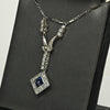 Art Deco Sapphire Square Diamond Halo Platinum Pendant Necklace