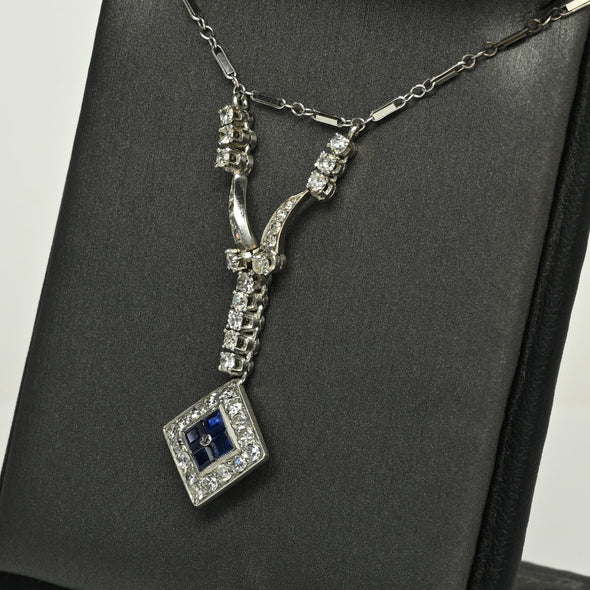 Art Deco Sapphire Square Diamond Halo Platinum Pendant Necklace