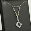 Art Deco Sapphire Square Diamond Halo Platinum Pendant Necklace