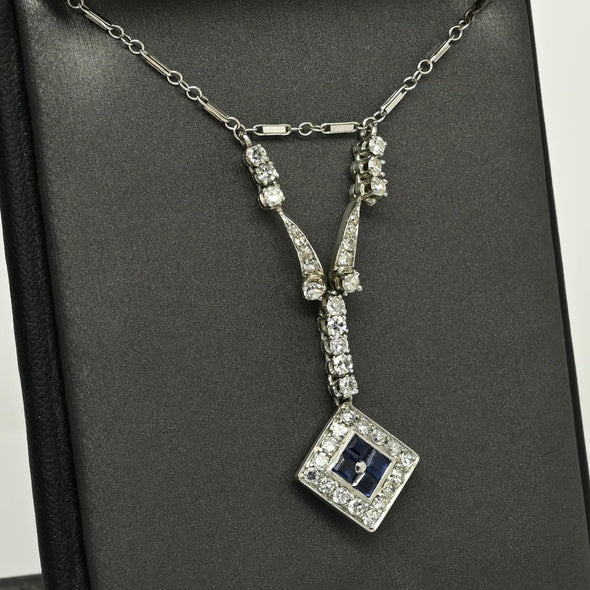 Art Deco Sapphire Square Diamond Halo Platinum Pendant Necklace