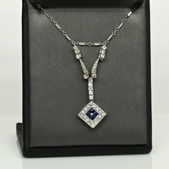 Art Deco Sapphire Square Diamond Halo Platinum Pendant Necklace
