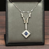 Art Deco Sapphire Square Diamond Halo Platinum Pendant Necklace