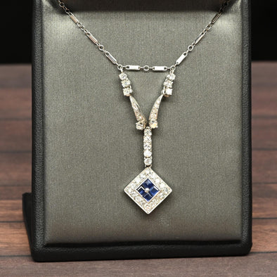 Art Deco Sapphire Square Diamond Halo Platinum Pendant Necklace