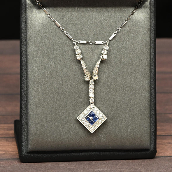 Art Deco Sapphire Square Diamond Halo Platinum Pendant Necklace