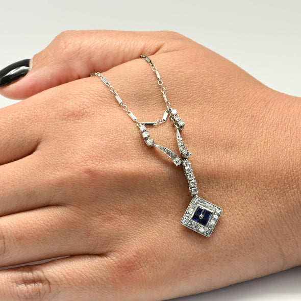 Art Deco Sapphire Square Diamond Halo Platinum Pendant Necklace
