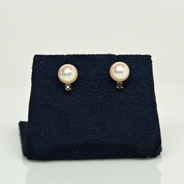 Rose' Luster Cultured Pearl and Blue Sapphire 14k Gold Stud Earrings