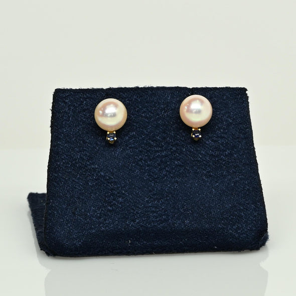 Rose' Luster Cultured Pearl and Blue Sapphire 14k Gold Stud Earrings