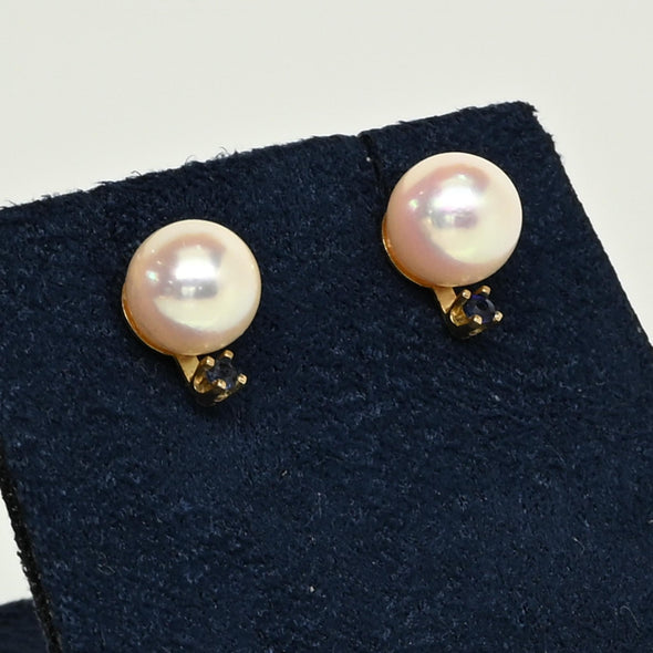 Rose' Luster Cultured Pearl and Blue Sapphire 14k Gold Stud Earrings