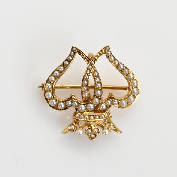 Vintage Interlocking Hearts w Crown Pearl Gold Brooch