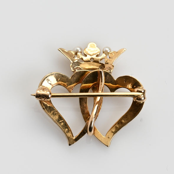 Vintage Interlocking Hearts w Crown Pearl Gold Brooch