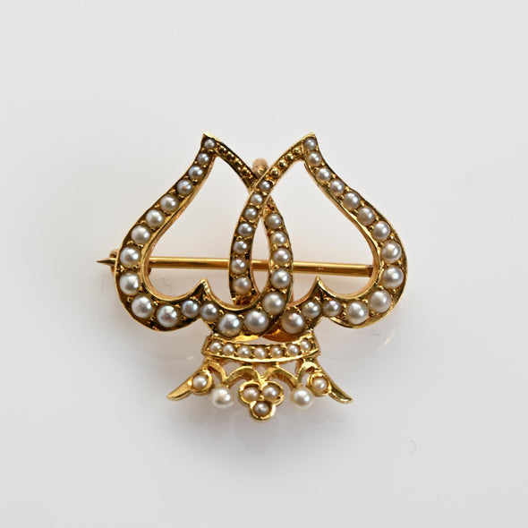 Vintage Interlocking Hearts w Crown Pearl Gold Brooch