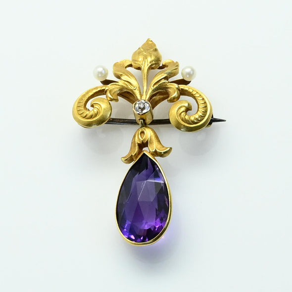 Antique Amethyst Pear Diamond & Pearl Art Nouveau Converter Brooch / Pendant