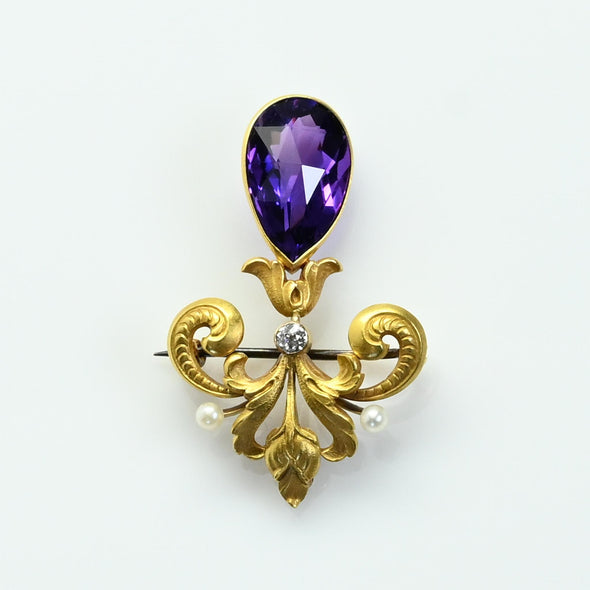 Antique Amethyst Pear Diamond & Pearl Art Nouveau Converter Brooch / Pendant