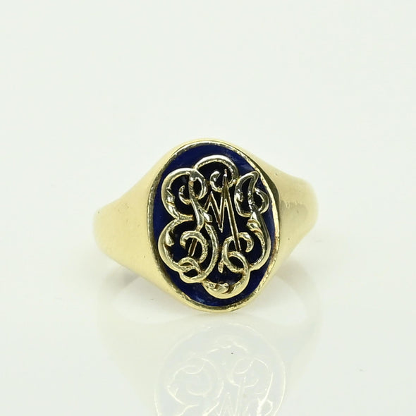 Vintage Signet E M J Blue Enamel 14k Yellow Gold Ring Dated 1941