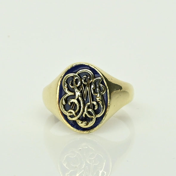 Vintage Signet E M J Blue Enamel 14k Yellow Gold Ring Dated 1941