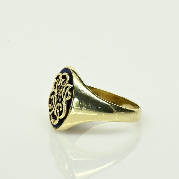 Vintage Signet E M J Blue Enamel 14k Yellow Gold Ring Dated 1941