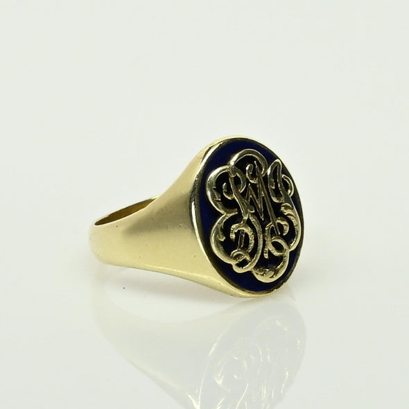 Vintage Signet E M J Blue Enamel 14k Yellow Gold Ring Dated 1941