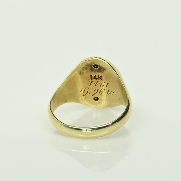 Vintage Signet E M J Blue Enamel 14k Yellow Gold Ring Dated 1941