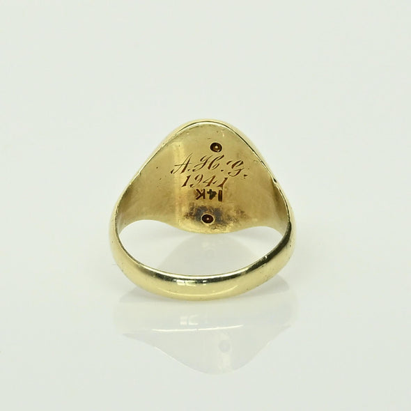 Vintage Signet E M J Blue Enamel 14k Yellow Gold Ring Dated 1941