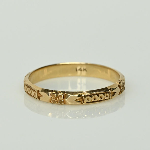 Vintage Orange Blossom Pattern Wedding Band 14k Yellow Gold Ring