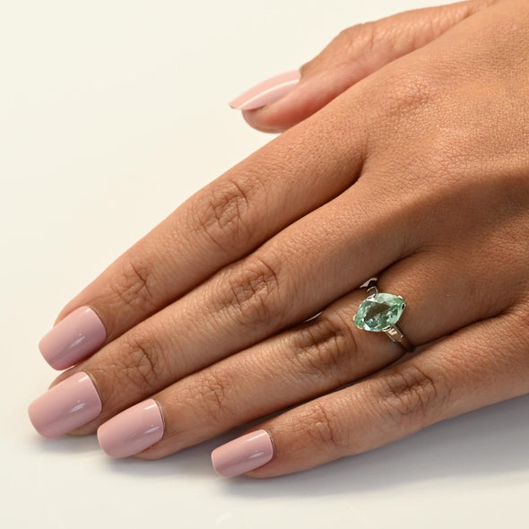 Vintage Marquise Uranium Glass 14k White Gold Solitaire Ring - Glows Green!