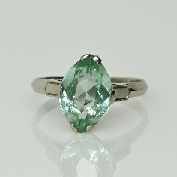 Vintage Marquise Uranium Glass 14k White Gold Solitaire Ring - Glows Green!