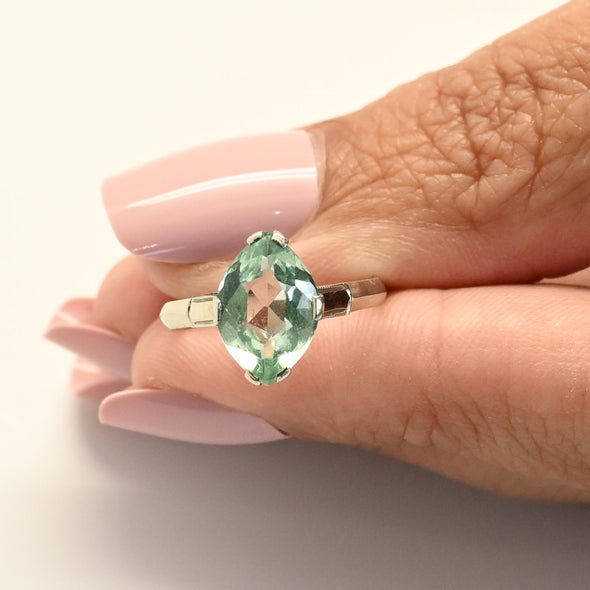 Vintage Marquise Uranium Glass 14k White Gold Solitaire Ring - Glows Green!