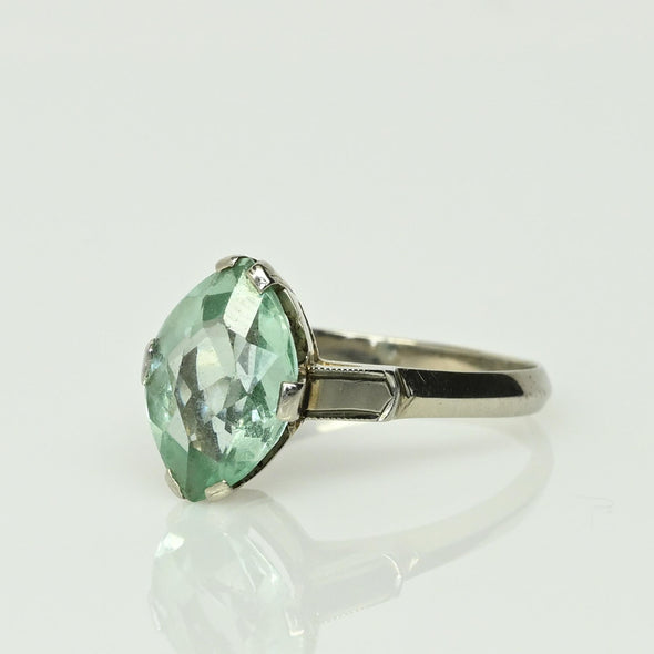 Vintage Marquise Uranium Glass 14k White Gold Solitaire Ring - Glows Green!