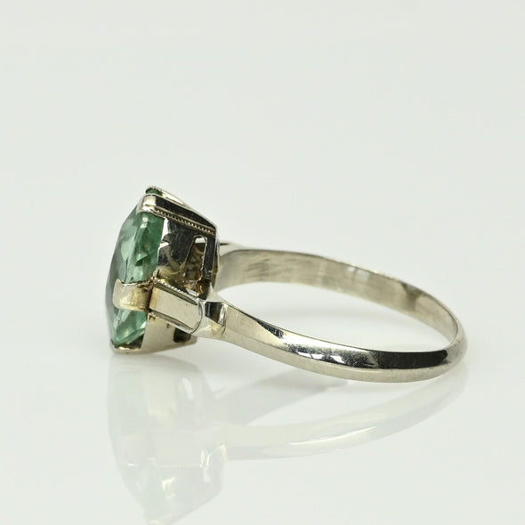 Vintage Marquise Uranium Glass 14k White Gold Solitaire Ring - Glows Green!
