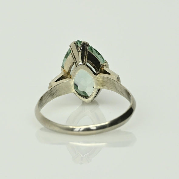 Vintage Marquise Uranium Glass 14k White Gold Solitaire Ring - Glows Green!