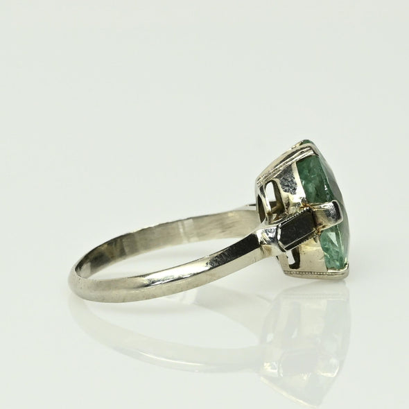Vintage Marquise Uranium Glass 14k White Gold Solitaire Ring - Glows Green!