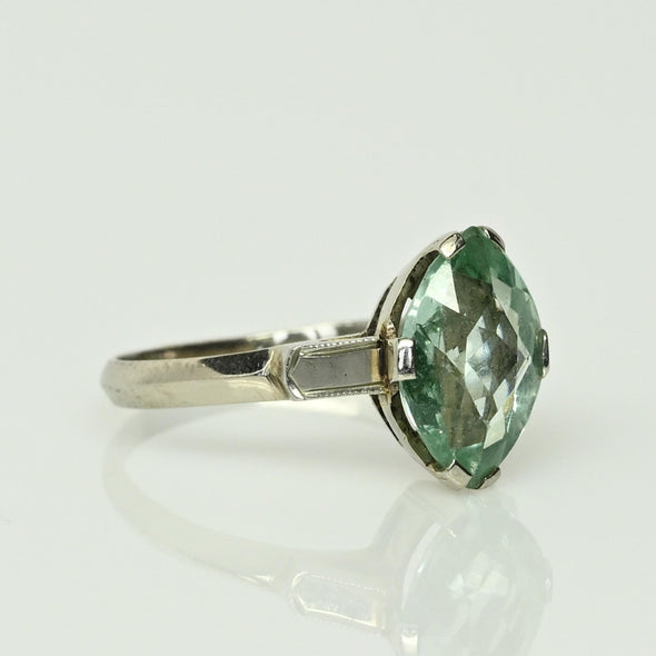 Vintage Marquise Uranium Glass 14k White Gold Solitaire Ring - Glows Green!