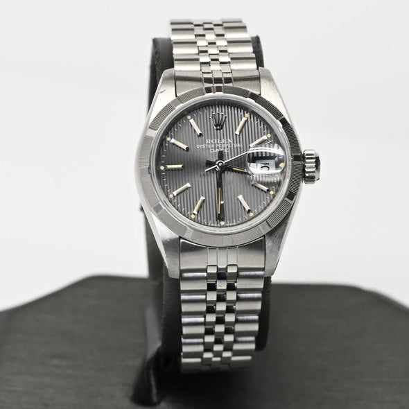 Rolex Lady Date 69190 Slate Tapestry Dial Engine Turned Steel Vintage Watch 1986