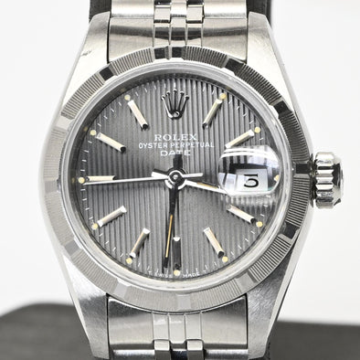 Rolex Lady Date 69190 Slate Tapestry Dial Engine Turned Steel Vintage Watch 1986