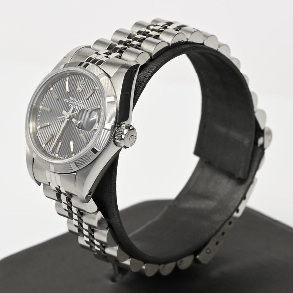 Rolex Lady Date 69190 Slate Tapestry Dial Engine Turned Steel Vintage Watch 1986