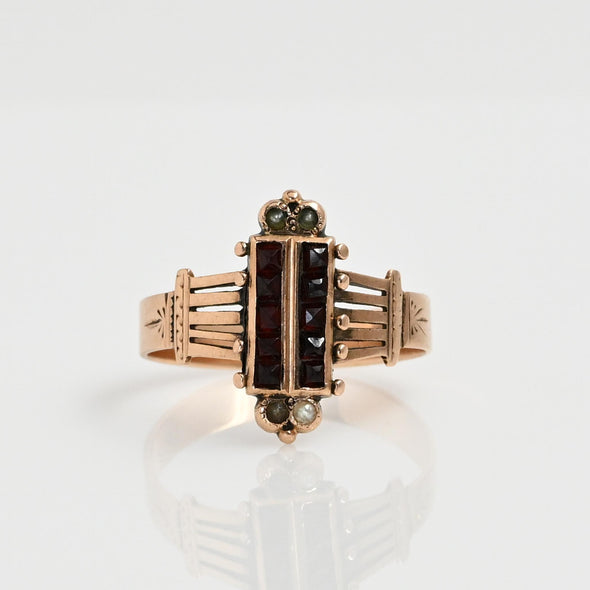 Victorian Garnet & Seed Pearl Yellow Gold Ring "Jane" Dated 1886