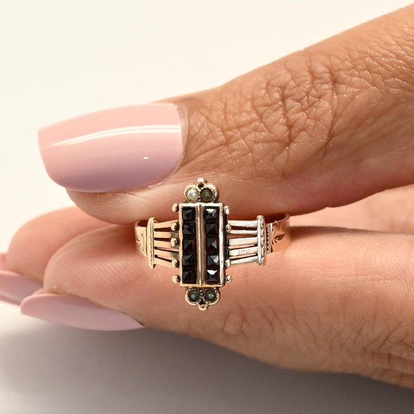 Victorian Garnet & Seed Pearl Yellow Gold Ring "Jane" Dated 1886