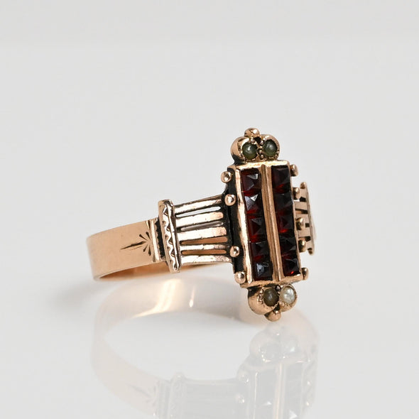 Victorian Garnet & Seed Pearl Yellow Gold Ring "Jane" Dated 1886