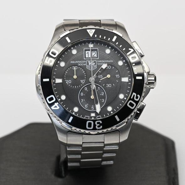 TAG Heuer CAN1010 Aquaracer Quartz Chronograph Stainless Black Watch Full Set