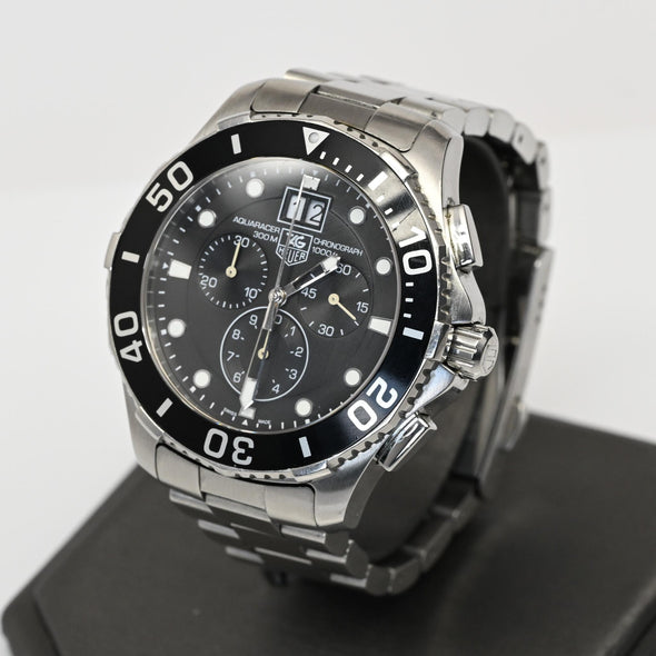 TAG Heuer CAN1010 Aquaracer Quartz Chronograph Stainless Black Watch Full Set