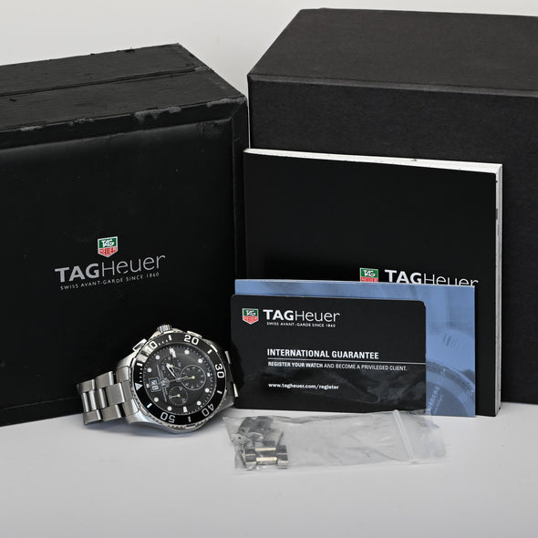 TAG Heuer CAN1010 Aquaracer Quartz Chronograph Stainless Black Watch Full Set