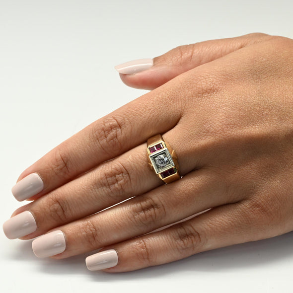 Retro Old European Cut Diamond & Ruby 14k Gold Men's Ring