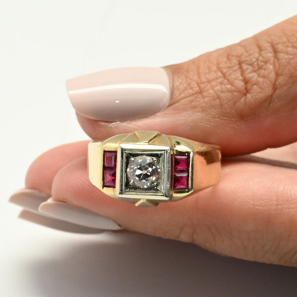 Retro Old European Cut Diamond & Ruby 14k Gold Men's Ring
