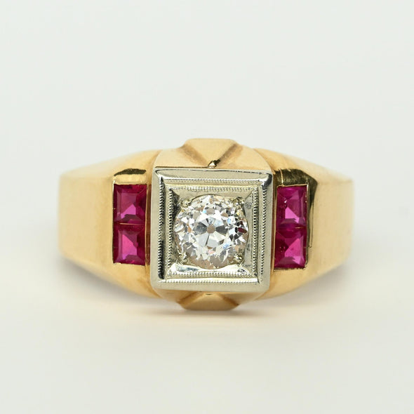 Retro Old European Cut Diamond & Ruby 14k Gold Men's Ring