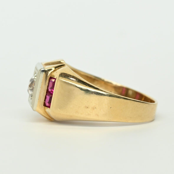 Retro Old European Cut Diamond & Ruby 14k Gold Men's Ring