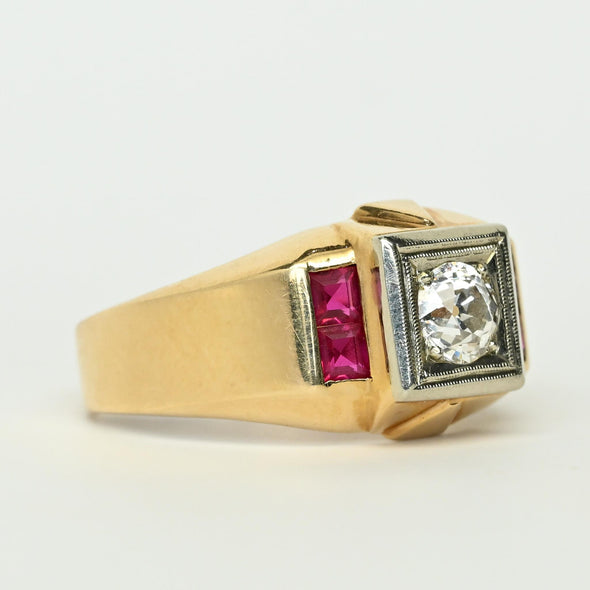 Retro Old European Cut Diamond & Ruby 14k Gold Men's Ring