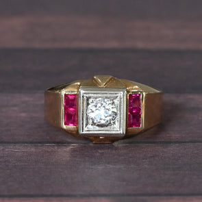 Retro Old European Cut Diamond & Ruby 14k Gold Men's Ring