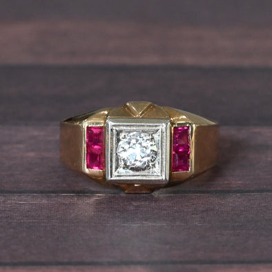 Retro Old European Cut Diamond & Ruby 14k Gold Men's Ring